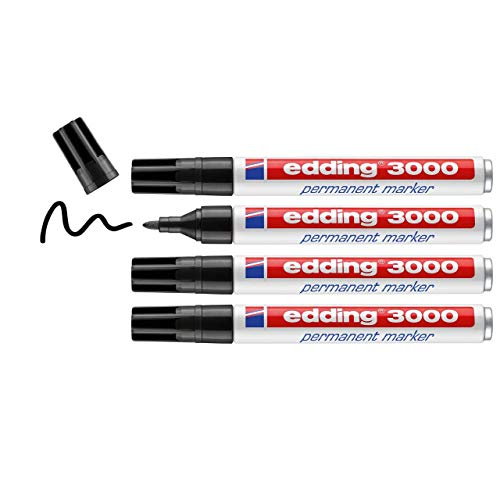 edding 3000 Permanentmarker - schwarz - 4 Stifte - Rund-Spitze 1,5-3 mm - schnell trocknender Permanent Marker - wasserfest, wischfest - für Karton, Kunststoff, Holz, Metall - Universalmarker von edding