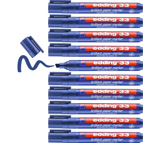 edding 33 Brillant-Papiermarker - blau - 10 Permanent Marker wasserfest - Keilspitze 1-5 mm - leuchtende Farben - lichtbeständige Markierung auf Papier, Karton, Kunststoff, Metall oder Glas von edding