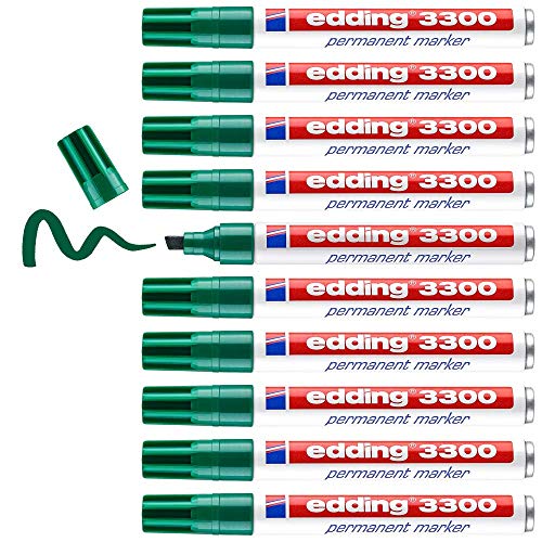 edding 3300 Permanentmarker - grün - 10 Stifte - Keil-Spitze 1-5 mm - schnell trocknender Permanent Marker - wasserfest, wischfest - für Karton, Kunststoff, Holz, Metall - Universalmarker von edding