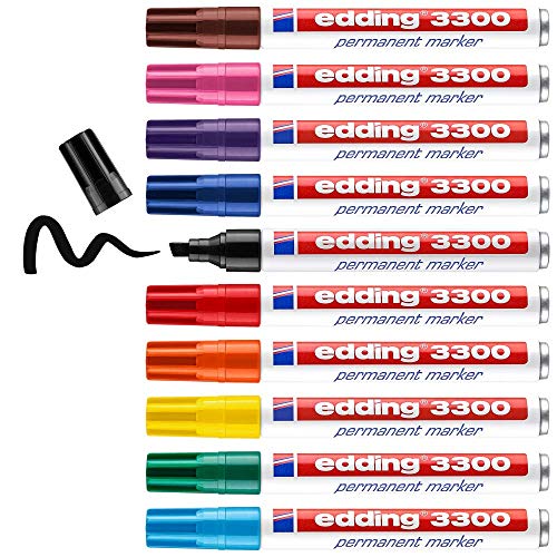 edding 3300 Permanentmarker - mehrfarbig - 10 Stifte - Keil-Spitze 1-5 mm - schnell trocknender Permanent Marker - wasserfest, wischfest - für Karton, Kunststoff, Holz, Metall - Universalmarker von edding