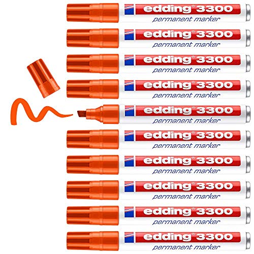 edding 3300 Permanentmarker - orange - 10 Stifte - Keil-Spitze 1-5 mm - schnell trocknender Permanent Marker - wasserfest, wischfest - für Karton, Kunststoff, Holz, Metall - Universalmarker von edding