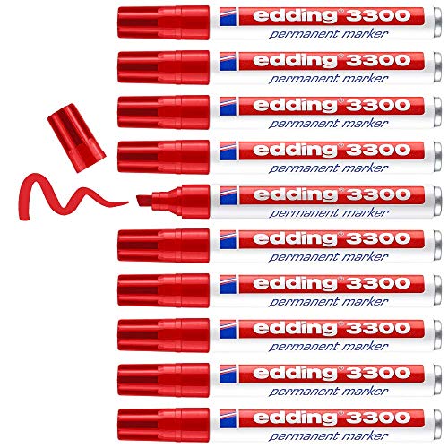 edding 3300 Permanentmarker - rot - 10 Stifte - Keil-Spitze 1-5 mm - schnell trocknender Permanent Marker - wasserfest, wischfest - für Karton, Kunststoff, Holz, Metall - Universalmarker von edding