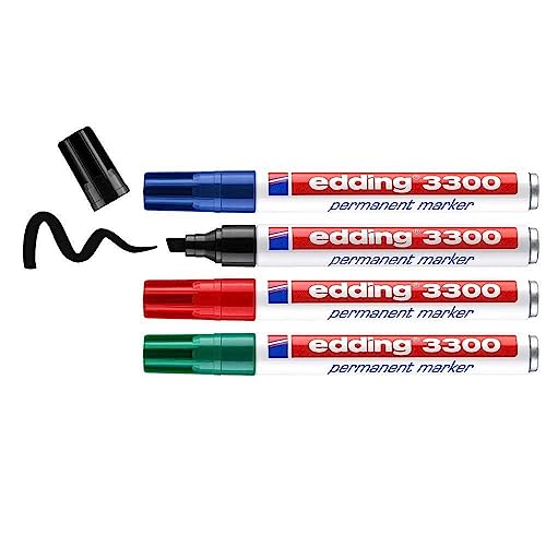 edding 3300 Permanentmarker - schwarz, rot, blau, grün - 4 Stifte - Keil-Spitze 1,5-3mm - schnell trocknender Permanent Marker - wasserfest, wischfest - für Karton, Kunststoff, Holz, Metall von edding