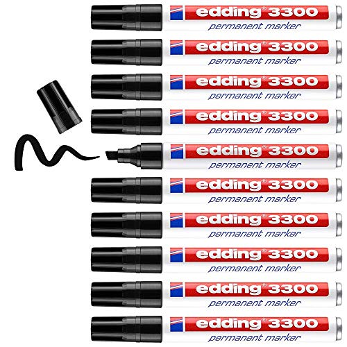 edding 3300 Permanentmarker - schwarz - 10 Stifte - Keil-Spitze 1-5 mm - schnell trocknender Permanent Marker - wasserfest, wischfest - für Karton, Kunststoff, Holz, Metall - Universalmarker von edding