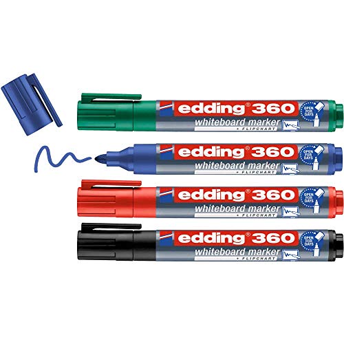 edding 360 Whiteboardmarker Set - bunte Farben - 4 Whiteboard Stifte - Rundspitze 1,5-3 mm - Boardmarker abwischbar - für Whiteboard, Flipchart, Magnettafel, Memoboard - Sketchnotes - nachfüllbar von edding