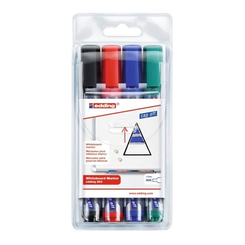 edding 363 Whiteboardmarker Set - bunte Farben - 4 Whiteboard Stifte - Keilspitze 1-5 mm - Boardmarker abwischbar - für Whiteboard, Flipchart, Magnettafel, Memoboard - Sketchnotes - nachfüllbar von edding