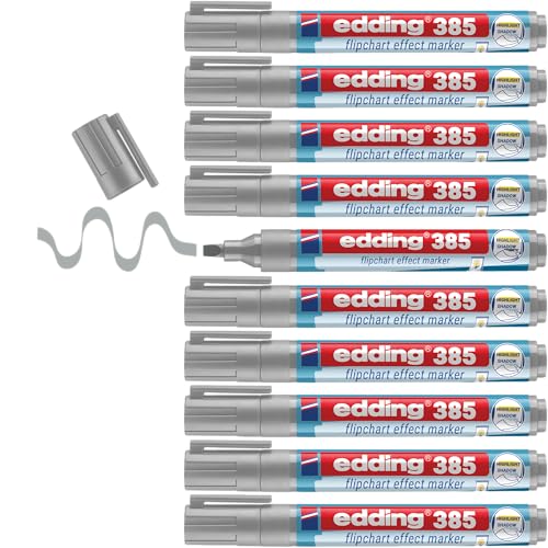 edding 385 Flipchart Effektmarker - silbergrau - 10er Pack - flexible Pinselspitze 1-5mm - Marker zum Hervorheben, Schattieren und Markieren auf Flipchartpapier - blutet nicht aus - trocknet nicht aus von edding