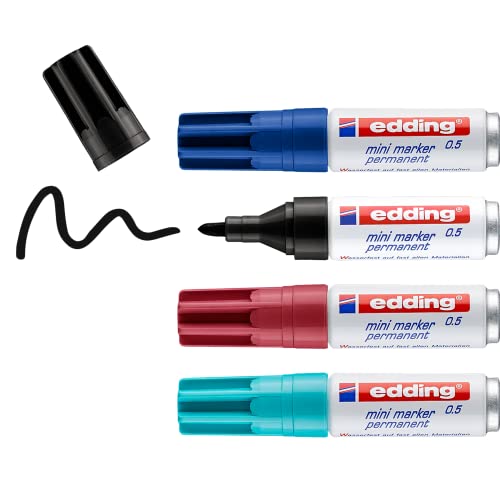 edding 0.5 mini permanent marker - schwarz, blau, türkis, rot - 4 Stifte - feine Rundspitze 1 mm - wasserfest, schnelltrocknend - wischfest - mini marker für Karton, Kunststoff, Holz, Metall von edding