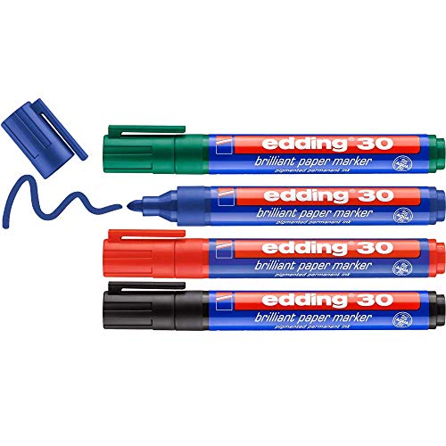 edding 30 Brillant-Papiermarker - bunte Farben - 4 Permanent Marker wasserfest - Rundspitze 1,5-3 mm - leuchtende Farben - lichtbeständige Markierung auf Papier, Karton, Kunststoff, Metall oder Glas von edding