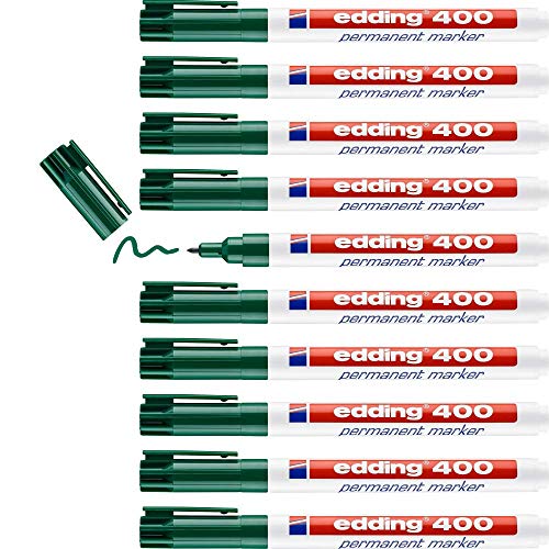 edding 400 Permanentmarker - grün - 10 Stifte - feine Rundspitze 1 mm - wasserfest, schnell-trocknend - wischfest - für Karton, Kunststoff, Holz, Metall, Glas von edding