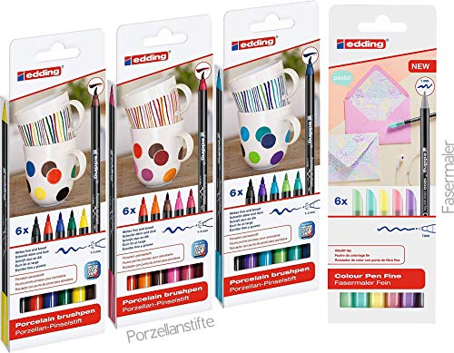 edding MARKING_PEN Porzellan-Pinselstiften, 24 Stück (18er Komplett Set + 6er Pastell Fasermaler) für kreatives Gestalten auf Porzellan, glasierter Keramik und ofenfestem Glas von edding