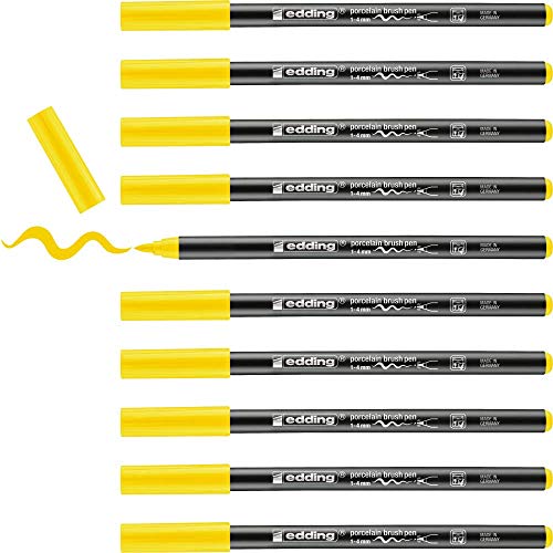 edding 4200 Porzellanpinselstift - gelb - 10 Stifte - Pinselspitze 1-4 mm - Filzstift zum Beschriften u. Dekorieren von Keramik, Porzellan - spülmaschinenfest, lichtechte Tinte, schnell trocknend von edding