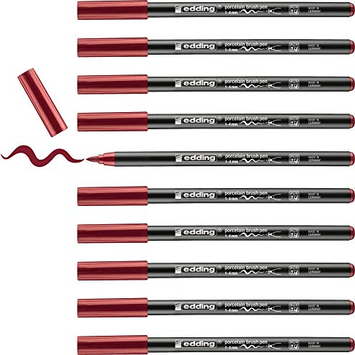 edding 4200 Porzellanpinselstift - karmesin (rot) - 10 Stifte - Pinselspitze 1-4 mm - Filzstift zum Beschriften u. Dekorieren von Keramik, Porzellan - spülmaschinenfest, lichtecht, schnell trocknend von edding