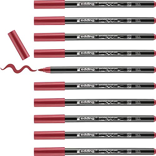 edding 4200 Porzellanpinselstift - karminrot - 10 Stifte - Pinselspitze 1-4 mm - Filzstift zum Beschriften u. Dekorieren von Keramik, Porzellan - spülmaschinenfest, lichtecht, schnell trocknend von edding