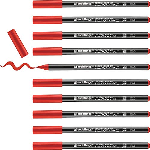 edding 4200 Porzellanpinselstift - rot - 10 Stifte - Pinselspitze 1-4 mm - Filzstift zum Beschriften u. Dekorieren von Keramik, Porzellan - spülmaschinenfest, lichtechte Tinte, schnell trocknend von edding