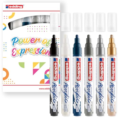 edding 5100 Acrylmarker Medium - Essential Colors - 6 wasserfeste Acrylfarben-Marker - runde Spitze 2-3 mm - Acrylmalstift zum Zeichnen auf Leinwand, Kunstpapier und Holz - Acrylmarker für von edding