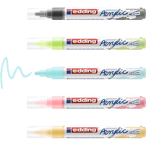 edding 5100 Acrylmarker - grau, gelb, blau, grün, rosa - 5 Acrylfarben Set (pastell) - Rundspitze 2-3 mm - Acryl Farben für Leinwand, Holz, Steine - Acrylstifte für Steine wasserfest von edding