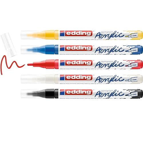 edding 5300 Acrylmarker Fein - mehrfarbiges 5er-Set - feine Spitze 1-2 mm - Acrylmalstifte zum Malen auf Leinwand, Kunstdruckpapier, Holz, Stein - Made in Germany von edding