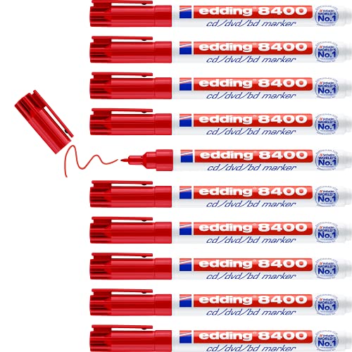 edding 8400 CD/DVD/BD marker - rot - 10 Stifte - feine Rundspitze 0,5-1 mm - zur dauerhaften Beschriftung von CDs, DVDs und Blu-Ray Discs von edding