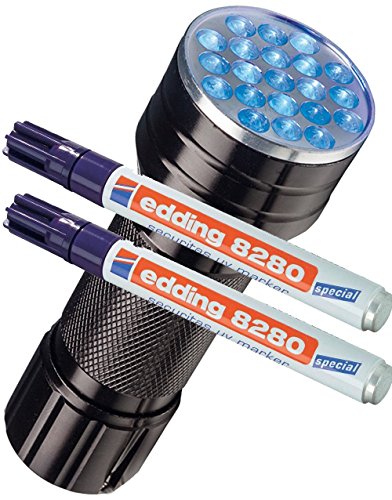 edding Doppelpack Spezialmarker 8280 securitas UV Marker, 1,5-3 mm, farblos + eine UV LED Lampe von edding