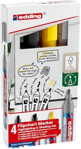 edding Flipchartmarker-Set Highlight + Shading - 4er-Set - 2x Flipchart-Effektmarker + 2x Flipchartmarker - Perfekter Marker-Mix zum Arbeiten auf allen Papieren - trocknet nicht aus von edding