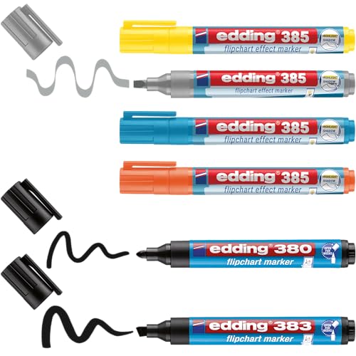 edding Flipchartmarker Set Highlight + Shading - 6er-Set - 4x Flipchart-Effektmarker + 2x Flipchartmarker - Perfekte Mischung der Marker zum Arbeiten auf allen Papieren - trocknet nicht aus von edding