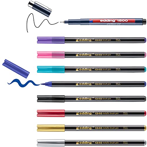 edding Happy Lettering 9+2 Set - 8 Fasermaler in leuchtenden und metallischen Farben, 1 Fineliner - perfektes Einsteigerset für Lettering-Liebhaber - mit Geschenkanhängern und Pinselfarbmixer von edding