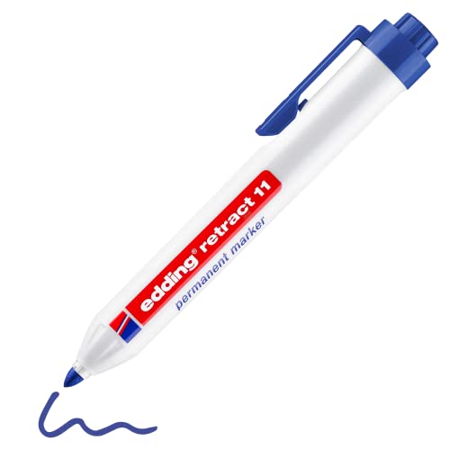 edding Retract 11 Permanent Marker - blau - 1 Stift - runde Feder 1,5-3 mm - wasserfest, schnelltrocknend - permanent marker für leichte Einhandbedienung - für Pappe, Kunststoff, Holz, Metall, Glas von edding