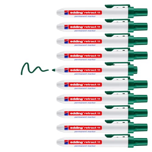 edding retract 11 Permanentmarker - grün - 10 Stifte - Rundspitze 1,5-3 mm - wasserfest, schnelltrocknend - für die einfache Einhandbedienung - für Karton, Kunststoff, Holz, Metall, Glas von edding