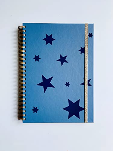 DIN A5 Notizbuch - Notebook - diary - STARS - BLAU - BLANKO - goldene Spiralbindung, fester Einband von edition cumulus