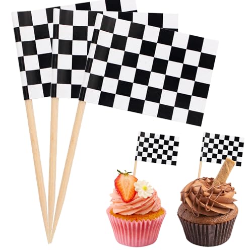 EFIVS ARTS 100 Stück schwarz und weiß karierte Rennflaggen-Zahnstocher, Kuchenaufsätze, Cocktail-Dekorationen, kleine Mini-Stick-Cupcake-Topper, Picks für Feiern, Sportveranstaltungen, Partyzubehör von efivs arts