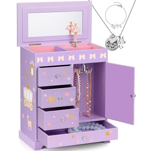 efubaby Große Schmuckschatulle für Mädchen, 5-lagig, Musik-Schmuckhalter, Organizer-Box mit Schwingtür, drehbarer Ballerina, Einhorn, Schmuckset, Kinder-Schmuckschatulle für Mädchen, Kinder, von efubaby