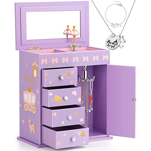 efubaby Upgrade Schmuckschatulle für Mädchen, 5lagig, mit Schwingtür, drehendes BallerinaEinhorn und SchlossDesign, EinhornSchmuckSet, inklusive KinderSchmuckschatulle für kleine Mädchen, von efubaby