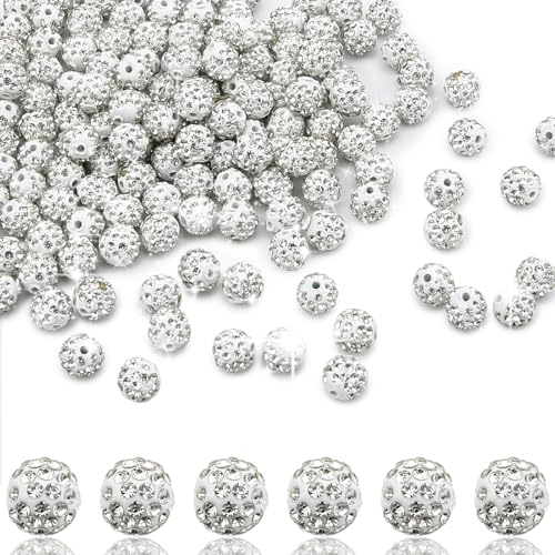 150 Stück 10 mm Strass-Perlen, glitzernde Ton-Strassperlen, weiß, glänzend, rund, Shamballa-Discokugel-Perlen, Großpackung, Kristall-Strass-Perlen für Schmuckherstellung von eggigi