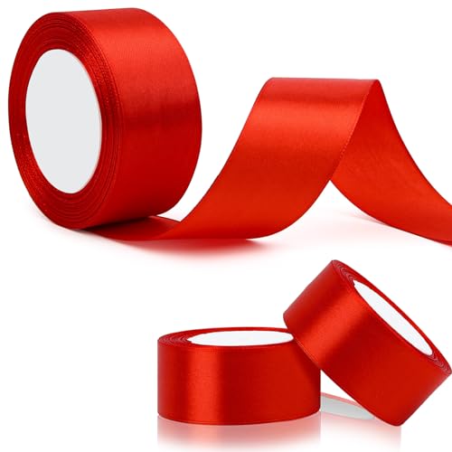 2 Rollen 4,1 cm, 22,7 m rotes Satinband, doppelseitiges Satinband, Polyester-Seide, Haarband, Stoffband für Blumensträuße, Geschenkverpackungen, Hochzeitsfeiern von eggigi