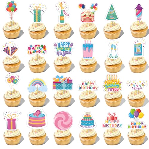 Cupcake-Aufsätze "Happy Birthday", 24 Stile, bunte Geburtstagskuchenaufsätze, Cupcake-Picks für Jungen und Mädchen, Partyzubehör, Dekorationen, 24 Stück von eggigi