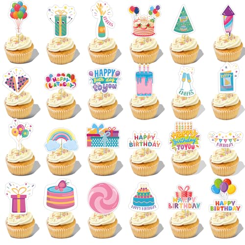 Cupcake-Aufsätze "Happy Birthday", 24 Stile, bunte Geburtstagskuchenaufsätze, Cupcake-Picks für Jungen und Mädchen, Partyzubehör, Dekorationen, 48 Stück von eggigi