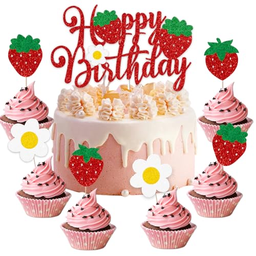 Glitzer-Erdbeer-Cupcake-Topper, Erdbeer-Happy Birthday-Kuchenaufsatz für Geburtstagsparty, Kuchendekoration, 9 Stück von eggigi