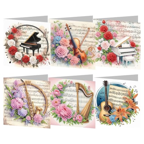 6pcs 5D DIY Diamond Painting Grußkarten-Set Diamond Art Grußkarte mit Umschlag Diamant Kunst Postkarte für Familie, Freunde und Kollegen (Musikinstrument Partitur Diamant Malerei Grußkarte) von egjxal