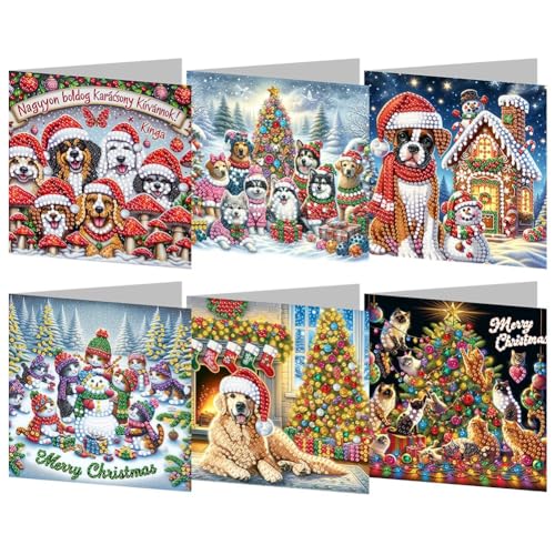 6pcs 5D DIY Diamond Painting Weihnachtskarten Set Diamond Art Weihnachtskarte mit Umschlag Diamant Kunst Postkarte für Familie, Freunde und Kollegen (Weihnachten Katze und Hund Diamant Malerei Karten von egjxal