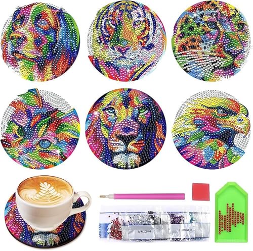 6pcs Diamond Art Coasters Diamond Art Coaster Set with Holder Diamond Craft Art Painting Coasters DIY Coasters Diamond Painting Set for Kids and Adults Beginners (Oil Painting Colorful Animals) von egjxal