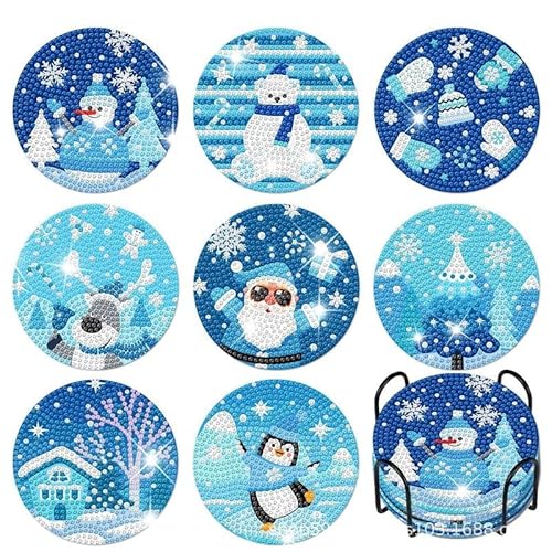 8pcs Diamond Art Coasters Diamond Art Coaster Set with Holder Diamond Craft Art Painting Coasters DIY Coasters Diamond Painting Set for Kids and Adults Beginners (Blue And White Christmas Snowman) von egjxal