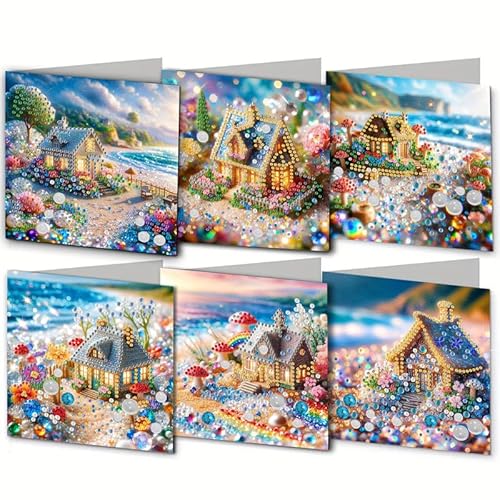 Seaside Cottage 6pcs 5D DIY Diamond Painting Weihnachtskarten-Set Diamond Art Weihnachtskarte mit Umschlag Diamant Kunst Postkarte für Familie, Freunde und Kollegen von egjxal