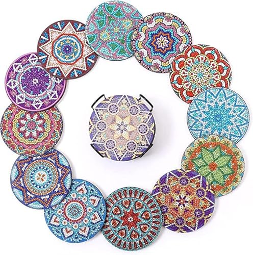 egjxal 12pcs Diamond Art Coasters Diamond Art Coaster Set with Holder Diamond Craft Art Painting Coasters DIY Coasters Diamond Painting Set for Kids and Adults Beginners (Mandala) von egjxal