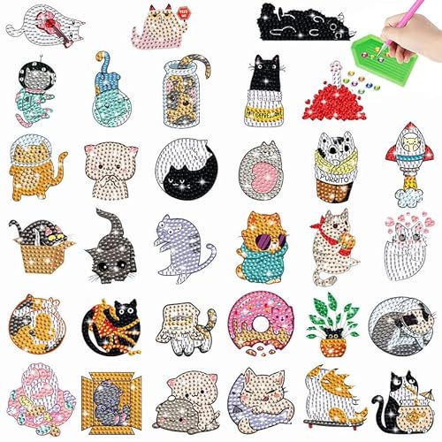 egjxal 32pcs Kitten Diamond Painting Sticker Kit Cartoon Cute Diamond Painting Mosaic Sticker 5D Diamond Art Sticker DIY Crafts Gem Diamond Painting Kit Geeignet für Erwachsene Anfänger von egjxal