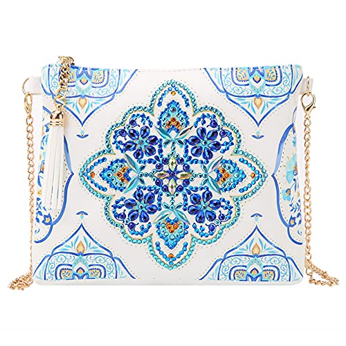 egjxal 5D DIY Diamond Art Painting Messenger Bag mit Kette, Strass Malerei Leder Reißverschlusstasche, handgemachte DIY Geldbörse Make-up Umhängetasche Erwachsene Kinder (Blau Mandala) von egjxal