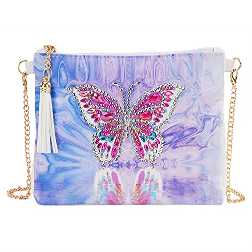 egjxal 5D DIY Diamond Art Painting Messenger Bag mit Kette, Strass Malerei Leder Reißverschlusstasche, handgemachte DIY Geldbörse Make-up Umhängetasche Erwachsene Kinder (lila Schmetterling) von egjxal