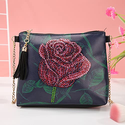 egjxal 5D DIY Diamond Art Painting Messenger Bag mit Kette, Strass Malerei Leder Reißverschlusstasche, handgemachte DIY Geldbörse Make-up Umhängetasche Erwachsene Kinder (rote Rose) von egjxal