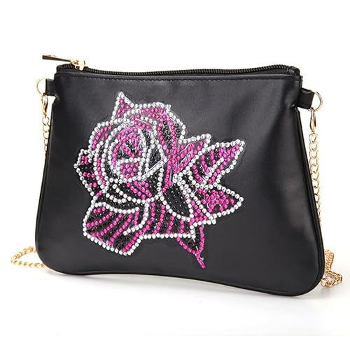 egjxal 5D DIY Diamond Art Painting Messenger Bag mit Kette, Strass Malerei Leder Reißverschlusstasche, handgemachte DIY Geldbörse Make-up Umhängetasche Erwachsene Kinder (rote Rose) von egjxal