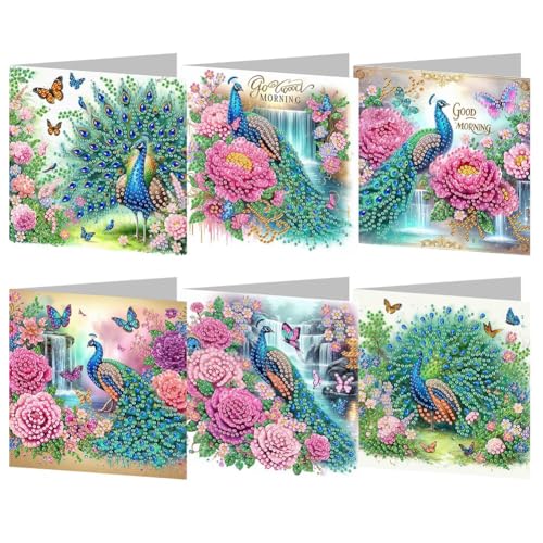 egjxal 6pcs 5D DIY Diamond Painting Grußkarten-Set Diamond Art Grußkarte mit Umschlag Diamant Kunst Postkarte für Familie, Freunde und Kollegen (Pfau Diamond Painting Grußkarte) von egjxal